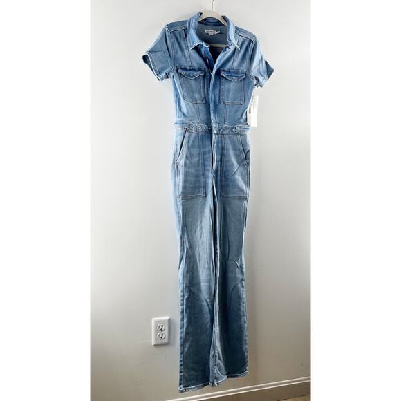 Good American Fit For Success Short Sleeve Bootcut Denim Jumpsuit Blue L - Picture 6 of 9